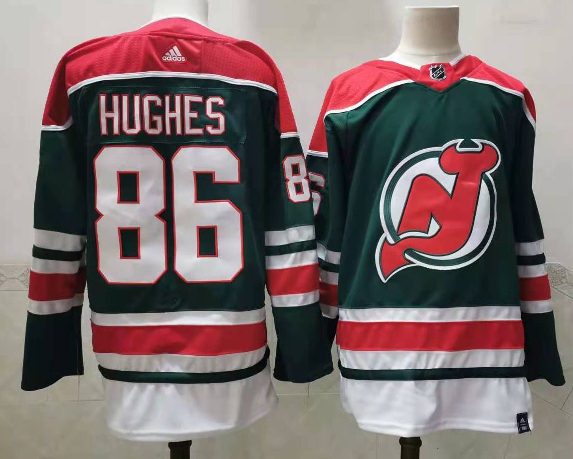 Men New Jersey Devils #86 Hughes Green Throwback Stitched 2021 Adidias NHL Jersey